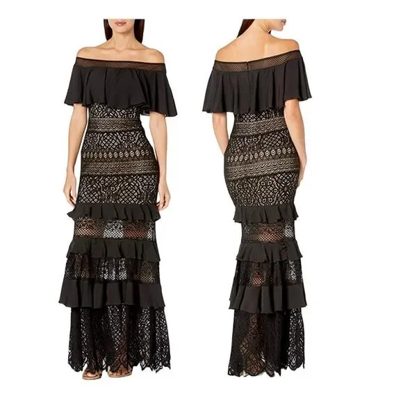 NEW Tadashi Shoji Alexia Lace Off The Shoulder Ruffle Gown Dress Black 10